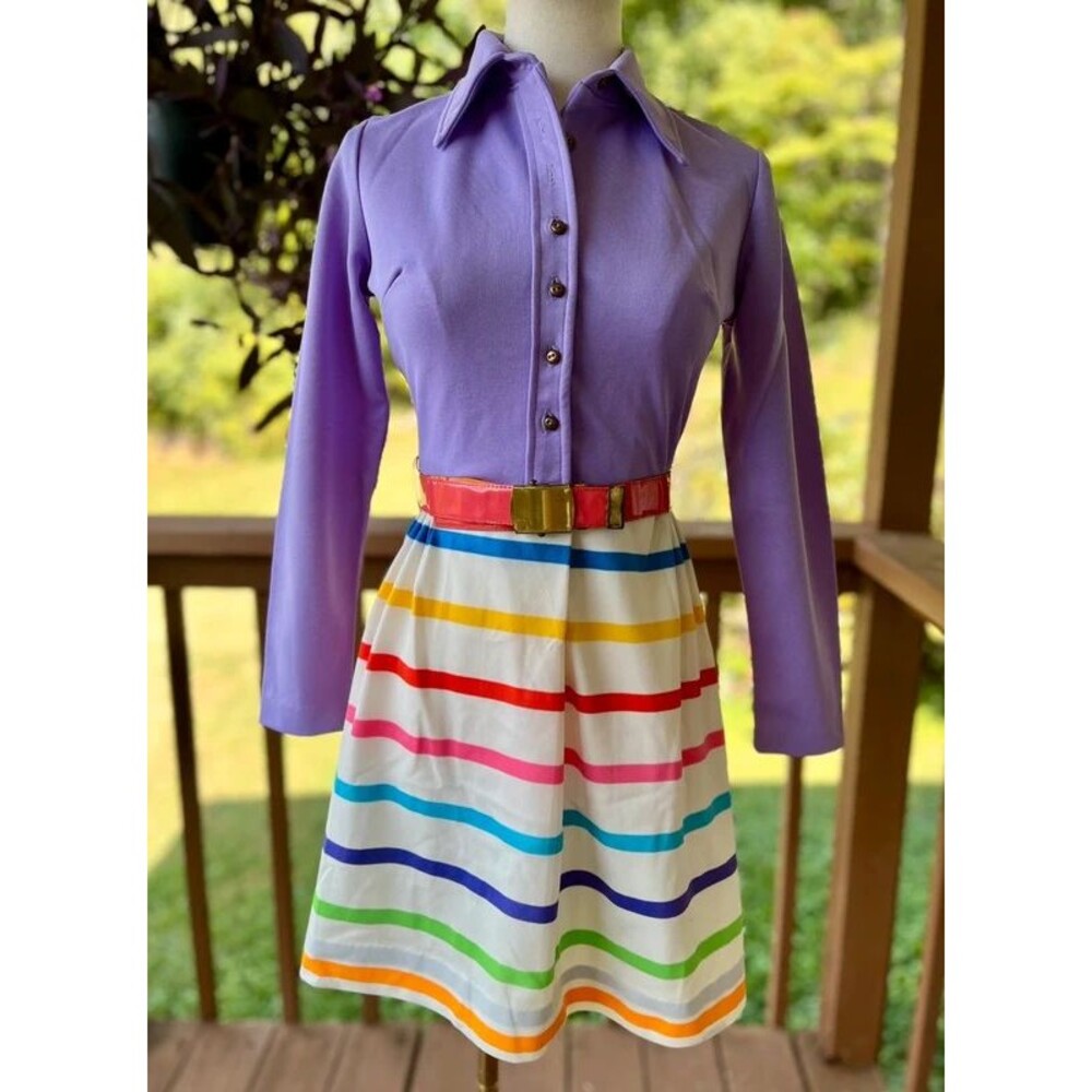 Vintage 1960s Vicky Vaughn Purple Rainbow Stripe Belted Mod Dress
